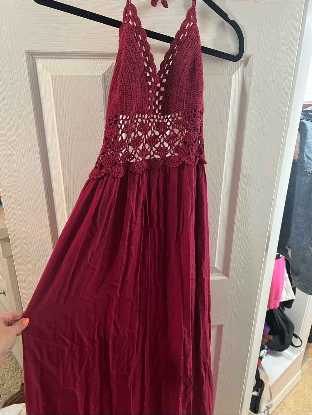 Handcrafted Crochet Bodice Maxi Dress in Wine